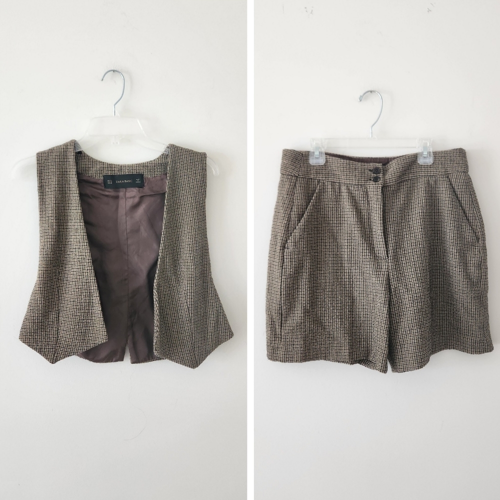 Zara Tweed Houndstooth Vest and Shorts Set in Brown